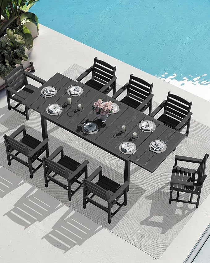 SERWALL 9-Piece Outdoor Dining Set, 60" - 83" Expandable Outdoor Dining Table and 8 HDPE Chairs, All Weather HDPE Outdoor Furniture Set for Backyard, Garden, Black