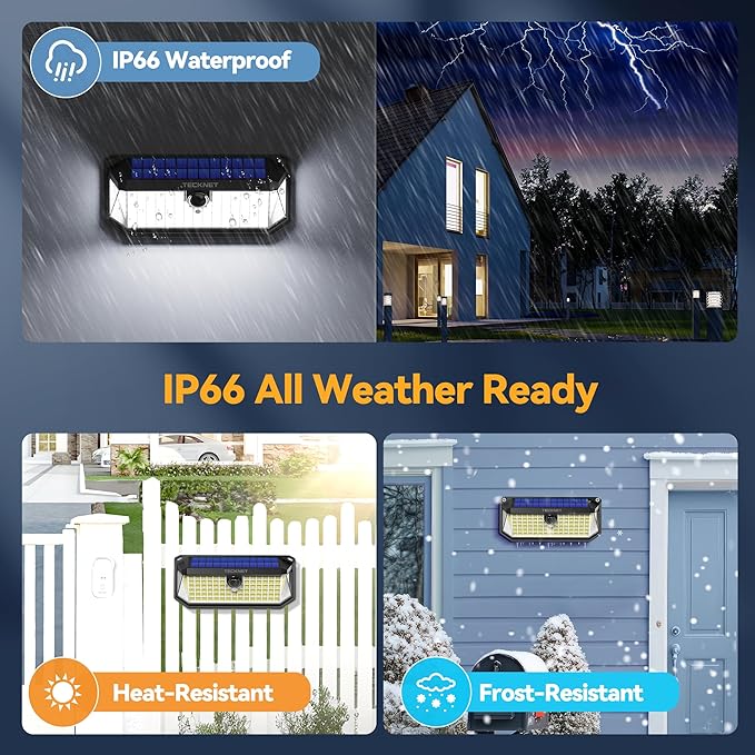 TECKNET 416 LED Solar Lights Outdoor Waterproof, 300° Angle & 3 Lighting Modes Motion Sensor Outdoor Lights, 2 Pack Solar Powered Flood Wall Lights IP66 for Home Patio Fence Yard Deck Garage Street