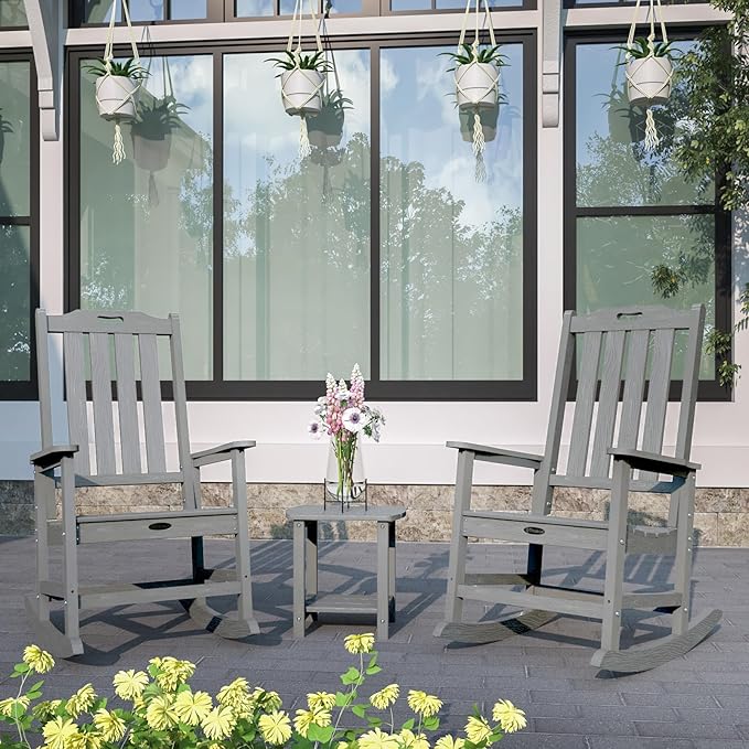 Oversized Rocking Chair, Outdoor Rocking Chair for Adults, All Weather Resistant Porch Rocker for Lawn Garden, Grey