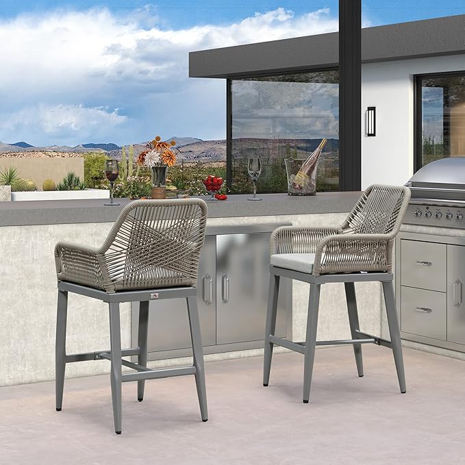 PURPLE LEAF Outdoor 24" Counter Height Bar Stools Chair Set of 2, All Weather Rattan and Aluminum Patio Bar Stool with Cushion for Indoor and Outdoor, Kitchen Island, Light Grey