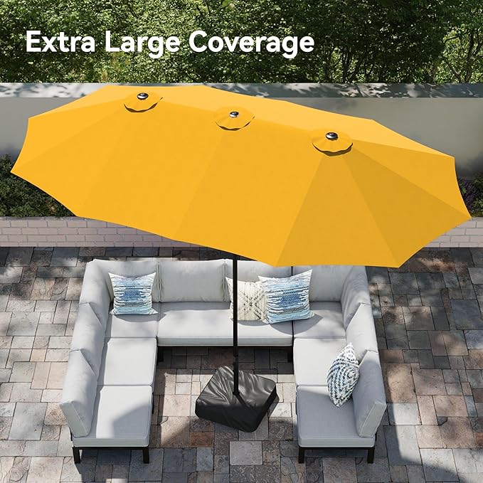 PHI VILLA 15ft Large Patio Umbrellas with Base Included, Outdoor Double-Sided Rectangle Market Umbrella with Stand, Outside Umbrellas for Poolside Lawn Garden, Golden Yellow