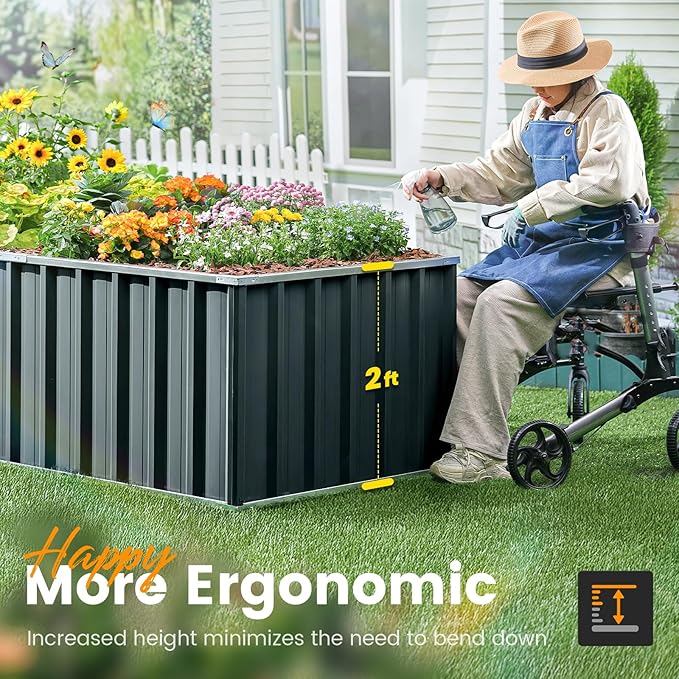 KING BIRD Galvanized Raised Garden Bed with 2 Installation Methods for DIY, 101" x 36" x 24" Heightened Planter Kit Box Outdoor for Deep-Rooted Vegetables, Flowers, Dark Grey