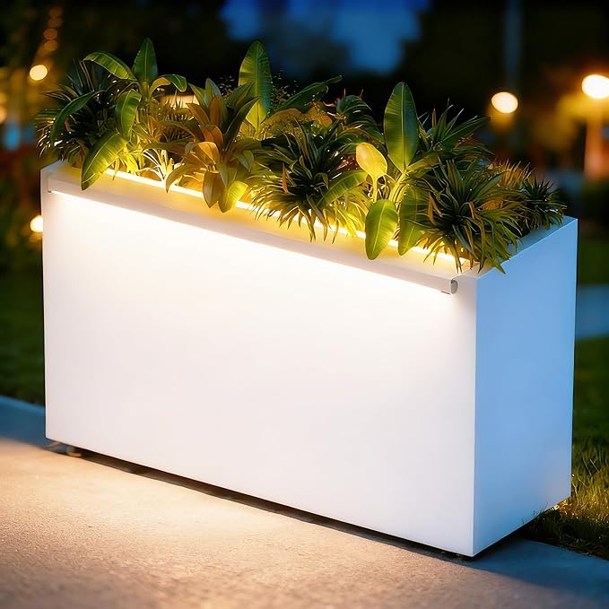 GSK 30" L White LED Metal Planter with Light Outdoor Illuminate Magnetic 3000K Lighting Strips Rectangular Flower Box Rectangle Trough Drainage Holes Indoor Patio Balcony Garden