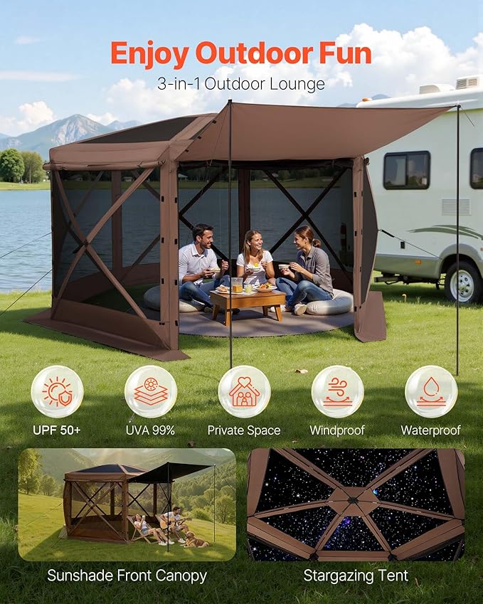 VEVOR Pop up Gazebo Screen Tent, 12 x 12 ft Large 6-Sided Camping Canopy Tent with Removable Top & Carry Bag, Quick-Set & Bite-Proof, Screen House Sun Shelter for 8-10 Persons Backyard Patio, Brown