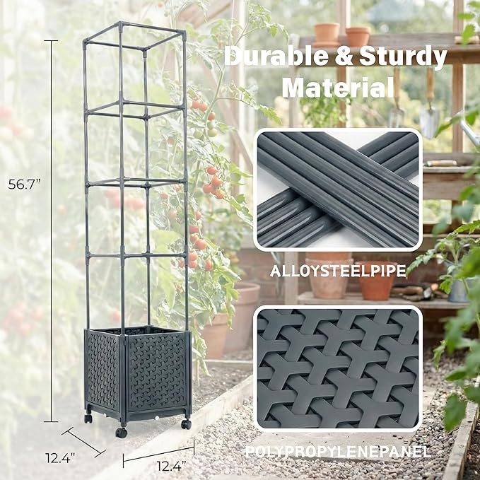 Raised Garden Bed with Tomato Planter Cage, 56.7” Trellis Planter Boxes with Wheels for Outdoor Patio Greenhouse Gardening Climbing Vegetables
