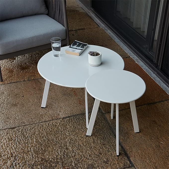Patio Outdoor Coffee Table Set of 2 - Weather Resistant Outdoor Round End Table Modern Coffee Tables for Living Room Balcony Home Office (White)