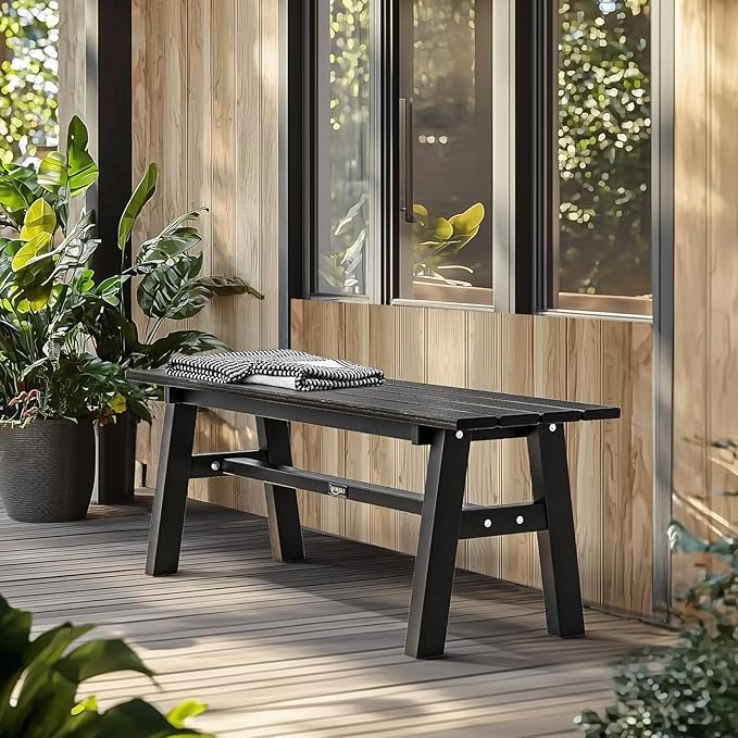 VINGLI 47” Outdoor HDPE Bench, Weatherproof Garden Bench w/Metal Legs, Poly Lumber Porch Benches, 660 LBS Capacity Outdoor Backless Patio Benches for Entryway Deck (Black)