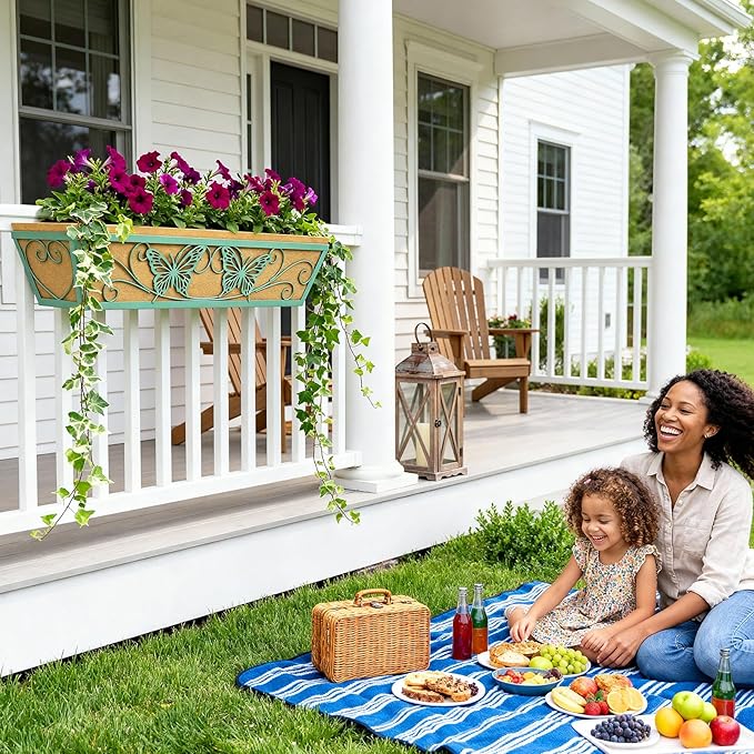 4 Pack 24 Inch Window Boxes Planter Railing Planters Box with Adjustable Brackets for Porch Deck Balcony Hanging Butterfly Decorative Flower Baskets & Non-Woven Fabric Liner for Outdoor Plants - Green