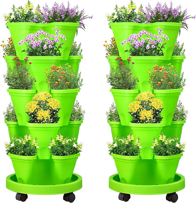 Umigy 2 Set 5 Tier Stackable Planters Vertical Garden Planters for Strawberry Herb Flower and Vegetable Indoor Outdoor Gardening Pots with Removable Wheels and Bottom(Green)