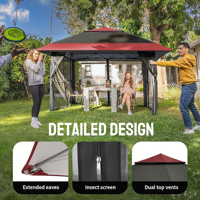CROWN SHADES 11x11 Pop Up Gazebo, Patented One Push Outoor Canopy Tent with Wheeled STO-N-Go Cover Bag, Pop Up Canopy with Netting for Patio, Backyard (11x11, Red &Grey)