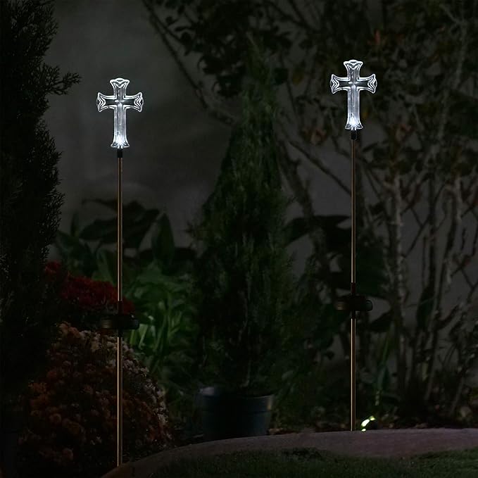 Alpine Corporation 34" Tall Outdoor Solar Powered Cross Pathway Light Stakes (Set of 2)