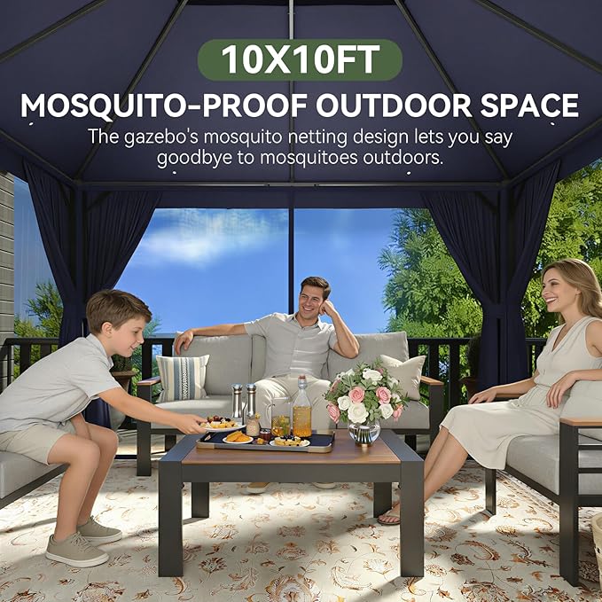 Aoxun Outdoor Gazebo for Patio 10x10 Metal Frame Canopy with Double Roofs Heavy Duty Party Tent and Shelter with Mosquito Netting and Privacy Screen for Backyard, Lawn, Garden, Deck (Navy Blue)