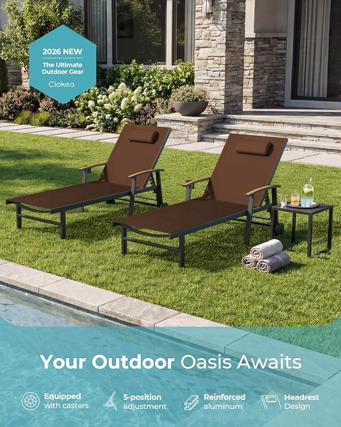Ciokea Outdoor Lounge Chair with Pillow Set of 2, 5-Position Aluminum Chaise Lounge with Wheels & Armrests, 400 lbs Heavy Duty Patio Pool Chair for Backyard, Deck, Beach & Poolside, Brown