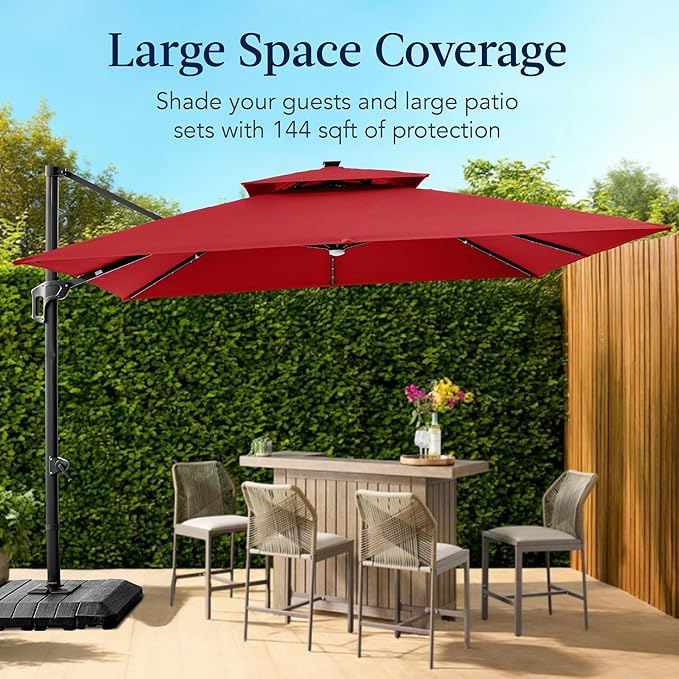 Best Choice Products 12x12ft LED Cantilever Patio Umbrella w/Base Included & 360° Rotation, Large Solar Offset Hanging Outdoor Sun Shade for Deck, Backyard Table w/Stand & Lights – Red