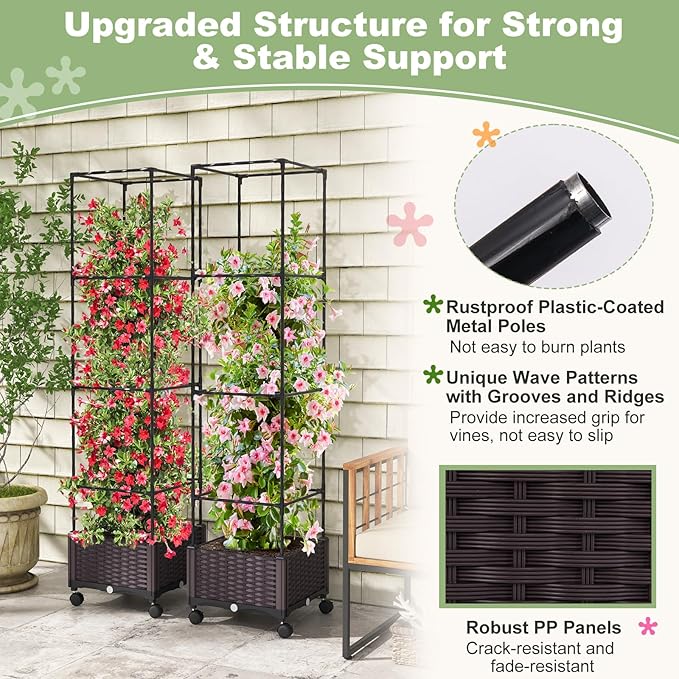 Giantex Raised Garden Bed with Tomato Cages, 67” Adjustable Height, Self Watering Planter Garden Box with Wheels, Trellis for Climbing Plants Vegetable Flower