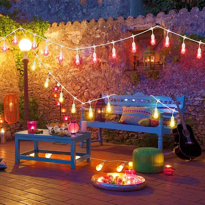 Mlambert 96Ft(2x48ft) Outdoor Patio Lights, RGB Cafe String Lights with Remote Control and 30+5 Dimmable LED Bulbs for Backyard Graden-White 2 Pack