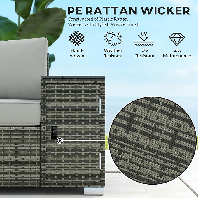 Outsunny 3 Seater Wicker Sofa with 2 Storage Side Tables and Thickened Cushions, Rattan Outdoor Patio Sofa with Wide Armrests, Wicker Outdoor Couch for Porch, Garden, Backyard, Gray