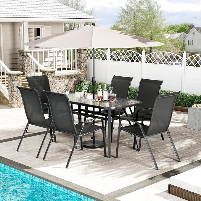 TLSUNNY 7 Pieces Patio Dining Set, Outdoor Table and Chairs W/1.69″ Umbrella Hole, 30"X 55" Table and Stackable Textilene Chair, All Weather Patio Furniture Set (Umbrella not Included) (Black)