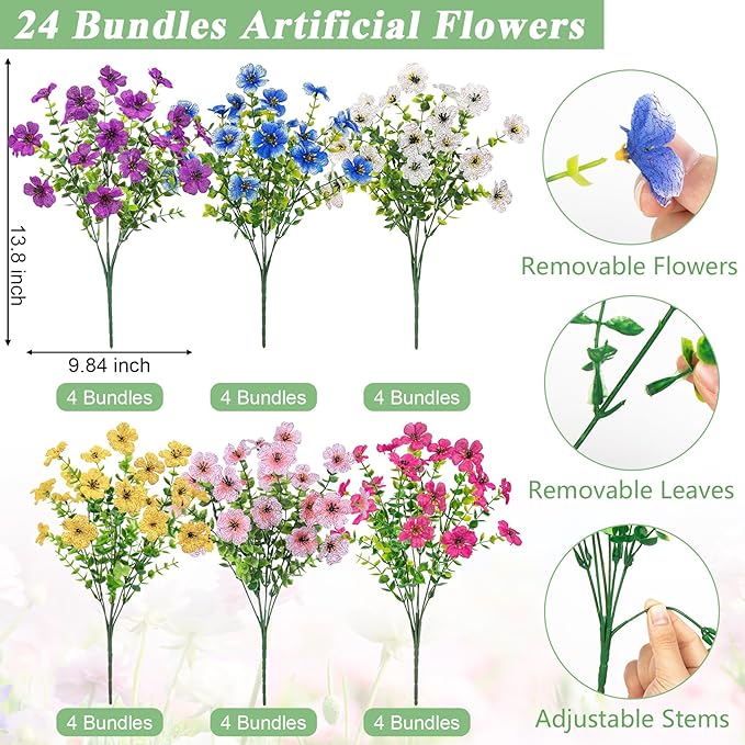 Bassion Artificial Flowers for Outdoors, 24 Bundles UV Resistant Fake Flowers Realistic Silk Faux Plants for Outdoor Planter Window Box Porch Patio Garden Home Outside Decorations