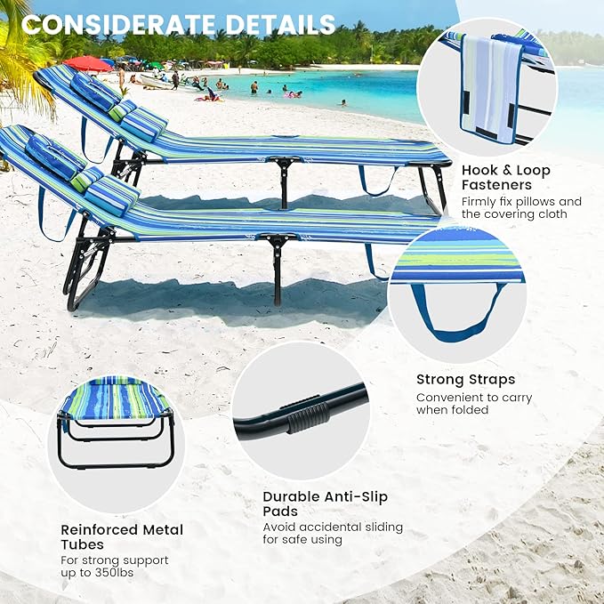GYMAX Tanning Chair, 350lbs Beach Lounge Chair with Face Hole, Washable Pillow & Carry Strap, Adjustable Folding Chaise Lounge, Layout Chair for Outside, Patio, Poolside, Lawn (1, Stripe)