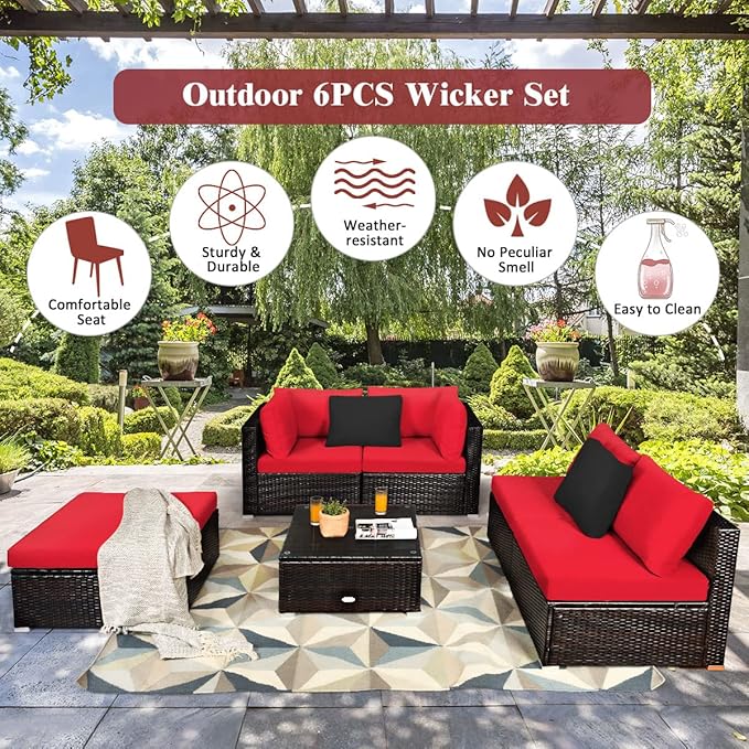 Tangkula 6 Piece Patio Furniture Set, Outdoor Deck Lawn Backyard Sectional Sofa with Coffee Table, Durable Steel Frame PE Rattan Wicker Conversation Set (Red)