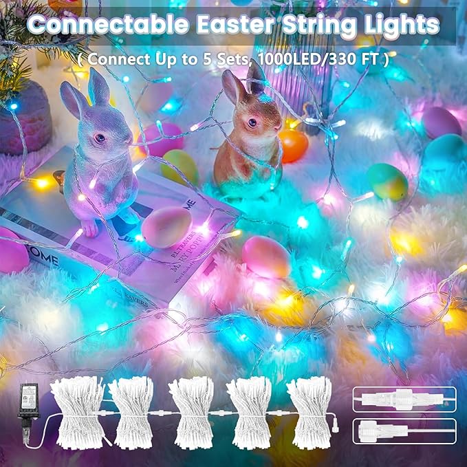 Connectable 200 LED Easter Lights Indoor Outdoor with Timer, 66FT 13 Modes Easter Pastel Lights Multicolor Lights, Waterproof Twinkle Fairy Lights Plug in Clear Wire for Christmas Bedroom Easter Decor