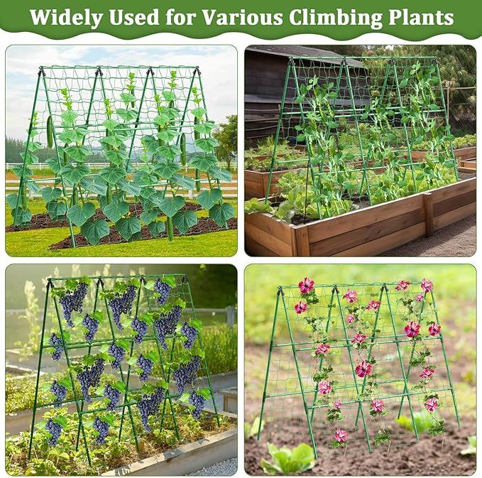 Cucumber Trellis for Raised Bed, 50x 54 inch A-Frame Garden Trellis for Climbing Plants Outdoor, Metal Arch Trellis with Netting, Vegetables Trellis for Grape Pea Bean