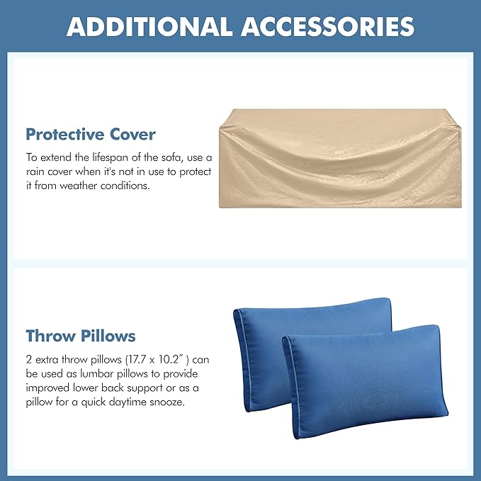 Yaheetech 3-Seat Patio Wicker Sofa, Outdoor Rattan Couch with Furniture Cover, Deep Seat High Back with Cushions & Throw Pillows for Deck/Porch/Balcony/Yard, Brown/Dark Blue