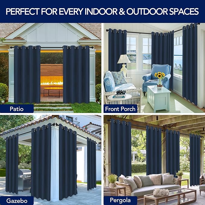 PureFit Outdoor Curtains for Patio Waterproof Weatherproof, UV Resistant Outside Curtains for Gazebo, Front Porch, Pergola, Sun Blocking Privacy Curtain, 52W x 84L inch, 1 Panel, Navy Blue