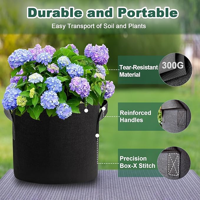 5 Pack 5 Gallon Grow Bags, Thickened Aeration Nonwoven Fabric Plant Pots with Handles, Heavy Duty 300G Garden Planting Bag for Tomato, Potato, Strawberry, Vegetable, Fruits and Flowers