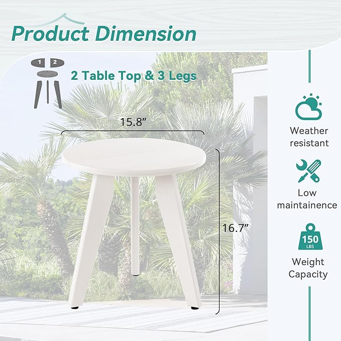 HDPE White Round Outdoor Table, Weather-Resistant, 15.8x15.8x16.7 inches, 150lbs Load Capacity, Modern Design, End Table for Patio, Porch, Deck, Living Room, Bedroom, Plant Stand