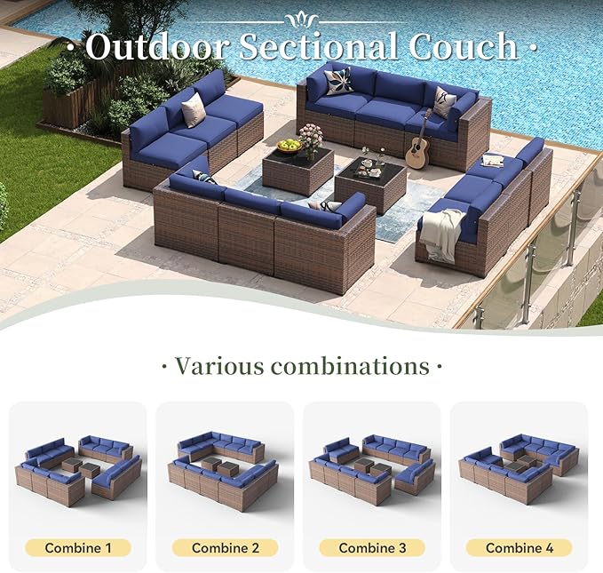 Aoxun 14 Piece Patio Furniture Set Wicker Rattan Patio Conversation Set Outdoor Sectional Sofa Set with Coffee Table and Thickened Cushions, Blue(Waterproof Cover Included)