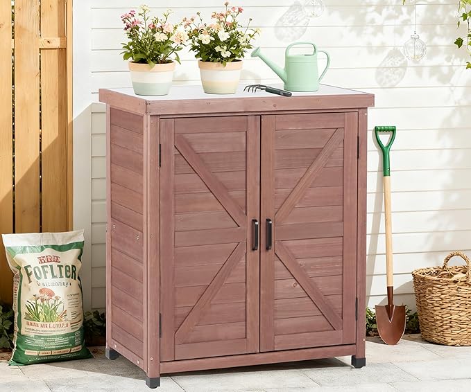 Outdoor Potting Bench with Storage Cabinet and Metal Top, Wood Workstation for Outdoor Patio, Garden (Coffee Brown, 31x17x36‘’)