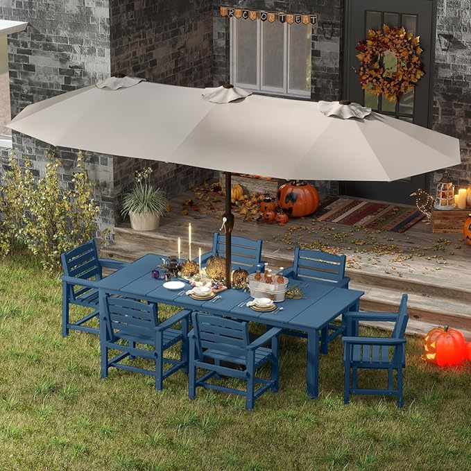 7-Piece Navy Blue Outdoor Dining Set for 6, 75.2'' HDPE Table with Umbrella Hole & Chairs, Weather-Resistant Patio Furniture for Garden, Lawn, or Poolside