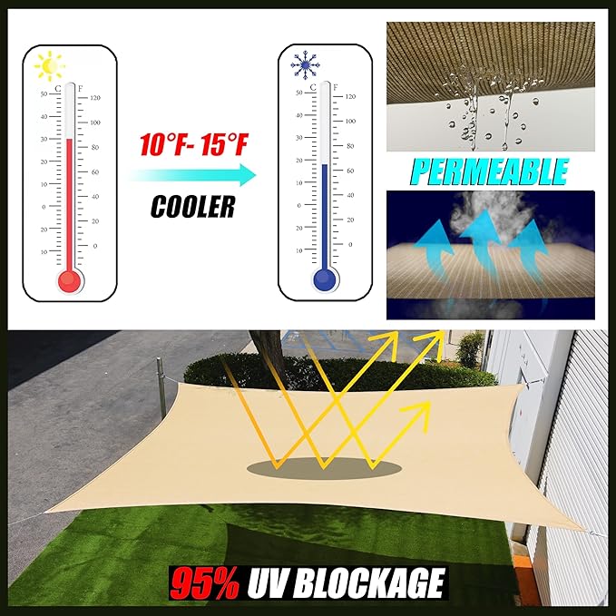 Royal Shade 20' x 20' x 20' Beige Triangle Sun Shade Sail Canopy Outdoor Patio Fabric Screen Awning RTAPT20 - UPF50+ 95% UV Blockage, Heavy Duty, Water & Air Permeable (We Make Custom Size)