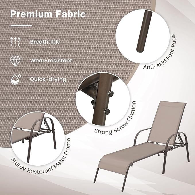 Giantex Patio Lounge Chair, Outdoor Chaise Lounge with 5 Adjustable Backrest, Sturdy Metal Frame, Sunbathing Recliner, Tanning Chairs for Outside, Beach, Yard, Balcony, Poolside, Brown