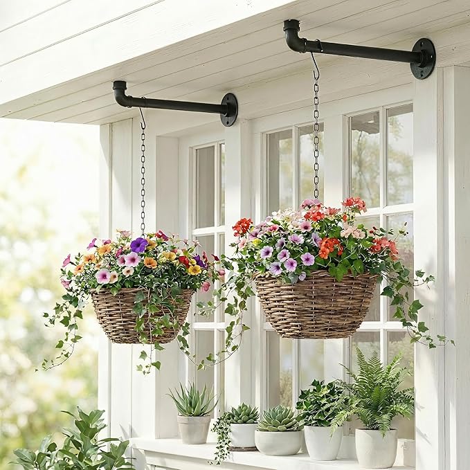 2 Pack Black Metal Pipe Plant Hanger Indoor with Hanging Chains, Industrial Window and Wall Mounted Hanging Rod Planter for Plants, Pots/Plants Not Included