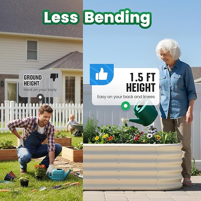Quictent Galvanized Raised Garden Bed Kit Tall, 6x3x1.5 ft Oval Large Planting Box Strengthened by Crossbar, for Vegetables Outdoor, Beige