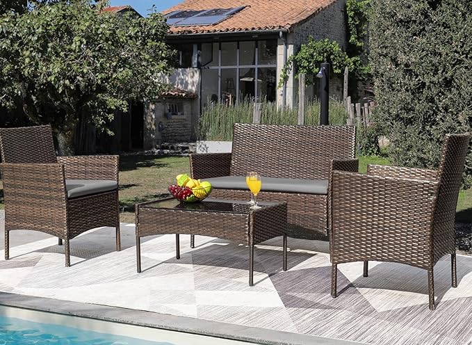 Greesum Patio Furniture 4 Pieces Conversation Sets Outdoor Wicker Rattan Chairs Garden Backyard Balcony Porch Poolside loveseat with Soft Cushion and Glass Table, Brown and Gray