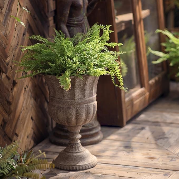 Vintage Urn Planter with Embossed Pattern, Imitation Stone Finish Flower Pot, Distressed Classic Plant Pot for Outdoor Indoor Home Garden Patio Front Porch Entryway（12 * 17 in）