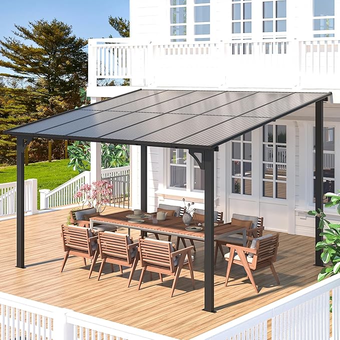 AECOJOY 10' x 24' Gazebo for Patio, Large Wall-Mounted Hard Top Lean-to Gazebo Pergola with Roof 24' x 10' on Clearance, Heavy Duty Patio Awnings for Decks, Backyard