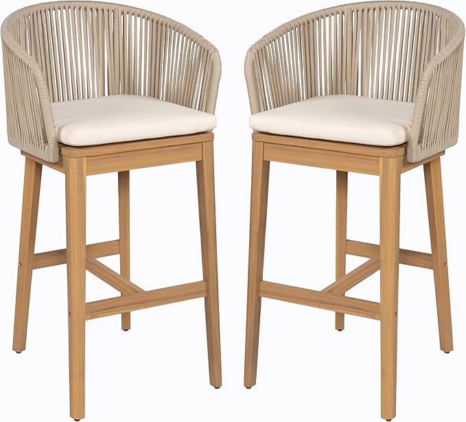 Christopher Knight Home Zax Set of 2 Patio Barstool, Acacia Wood & Rope Outdoor Counter Stool with Backrest/Footrest, Barstool Chairs with Cushion Seating for Backyard Balcony Garden, Beige + Teak