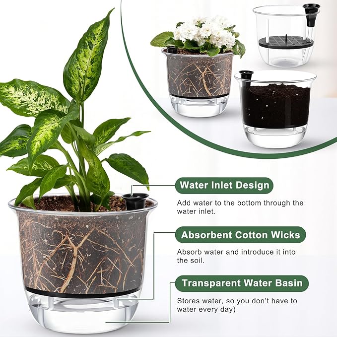 6 Pcs Clear Self Watering Pots for Indoor Outdoor Plants Flowers, 2 Each of 4, 5 and 6 Inch Self Watering Planters with Reservoir, Drainage Hole and Absorbent Cotton Rope
