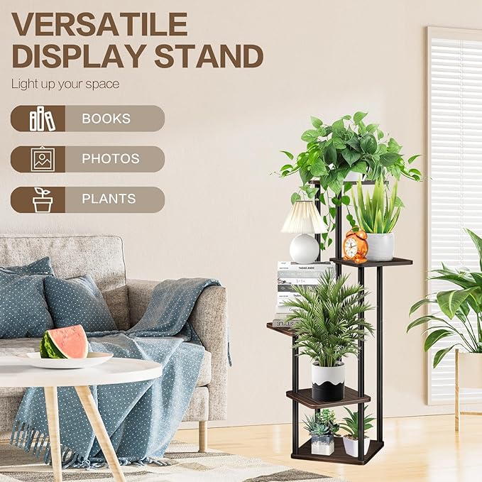 5 Tier Wood Tall Plant Stand Metal Rack Indoor, Multiple Flower Pot Holder Shelves Corner Rack, Planter Shelf Display Rack Storage Organizer for Patio Living Room Balcony Garden(Black Oak)