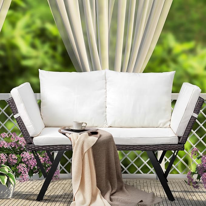 VINGLI Outdoor Loveseat, Woven Rattan Outdoor Sofa with Adjustable Armrests, Patio Loveseat with Removable Cushions and Pillows, Convertible Patio Couch for Yard Pool Balcony