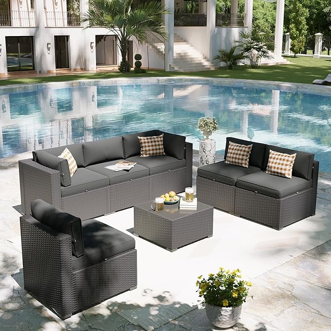 Aoxun Patio Furniture Set, 7 Piece Outdoor Sectional Sofas with Waterproof Cover, Wicker Rattan Outdoor Furniture Patio Conversation Set for Backyard, Garden Dark Grey