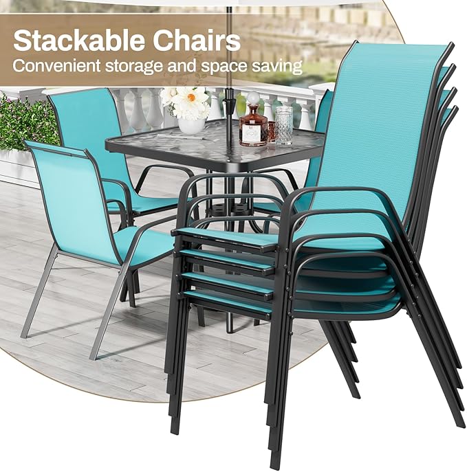 TLSUNNY Patio Dining Set 5 Pieces, All Weather Outdoor Furniture W/30"X 30" Table and 4 Stackable Textilene Chairs, Metal Table and Chairs for Lawn, Garden, Poolside, Backyard (Umbrella not Included)