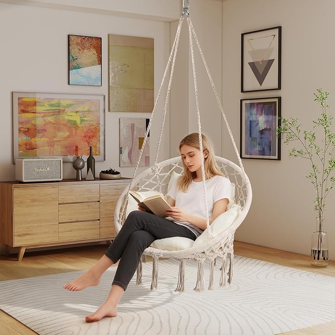 Macrame Hammock Hanging Swinging Chair with Medium Cushion, Perfect for Bedroom, Porch, Adults, Balcony, Beige