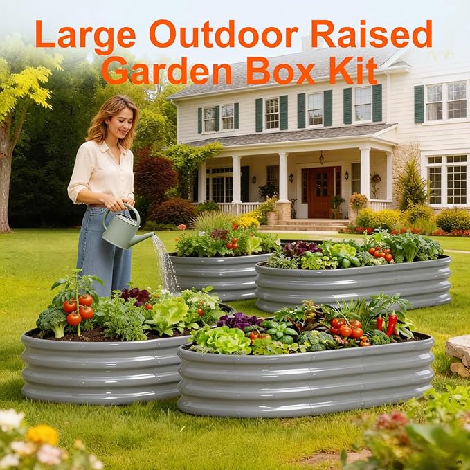 Raised Garden Bed Outdoor 2 Sets Oval Large Coating Metal Planter Box with No Heavy Metal for Vegetables, Flowers, Herbs