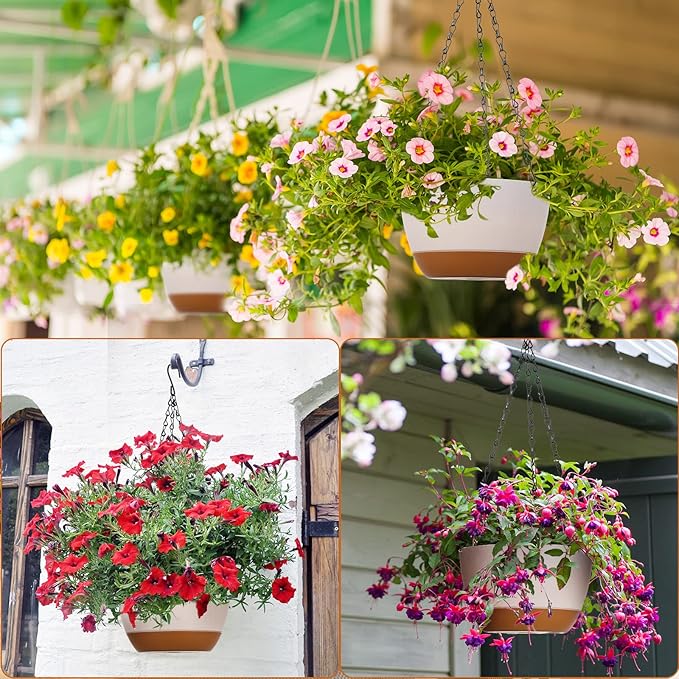 Mumufy 6 Pcs 8 Inch Hanging Planter for Indoor and Outdoor Plants Plastic Hanging Flower Pots with Drainage Hole and Removable Saucer Hanging Plant Holder Plant Hanging Basket (White)